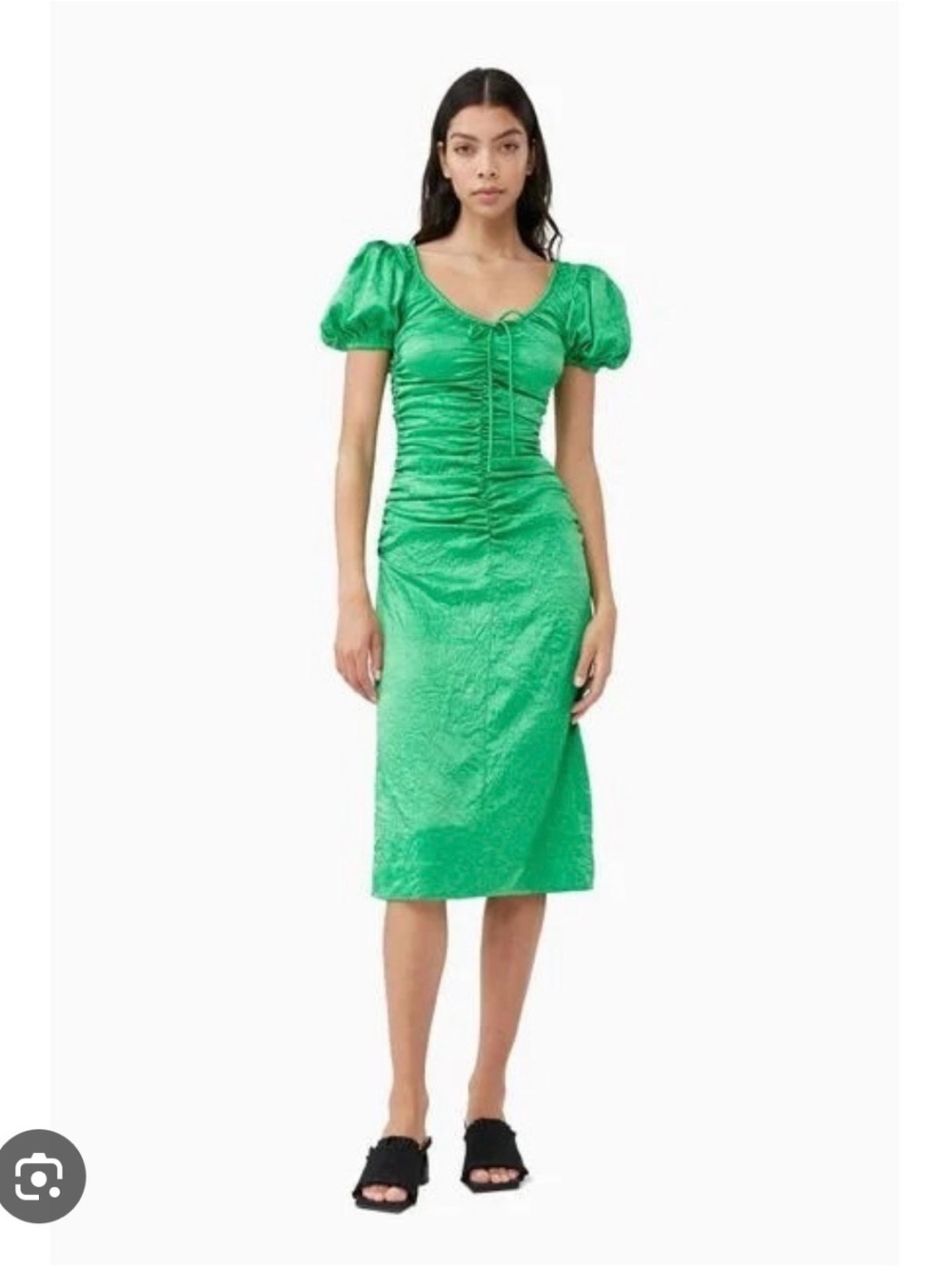 Ruched Puff-Sleeve Midi Dress in Emerald Green